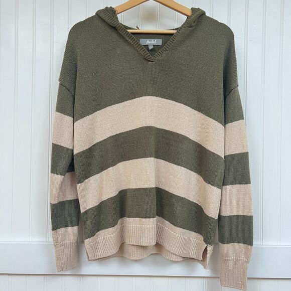 Marled Reunited Clothing Women's Green & Tan Striped Hooded V-Neck Sweater L - Picture 2 of 10